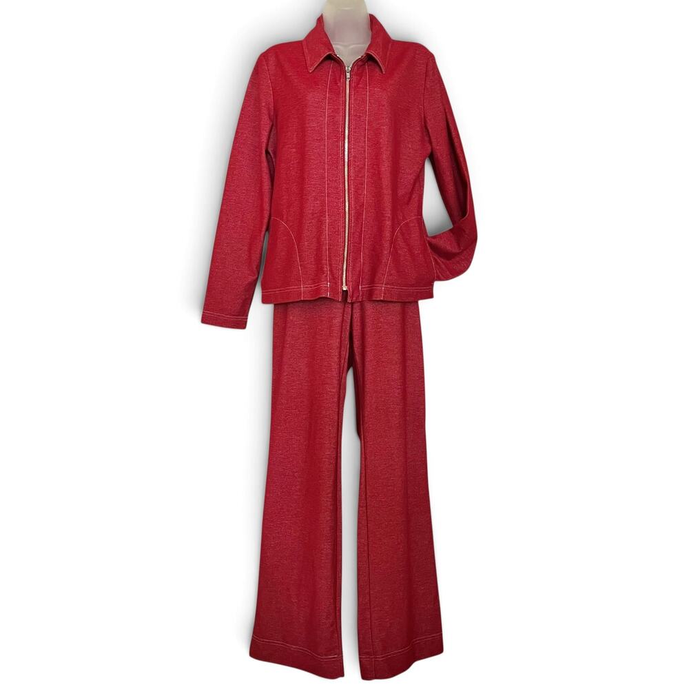 Vintage Weekenders Red Denim Knit Track Suit Set: Zipper Jacket & Leisure Pants